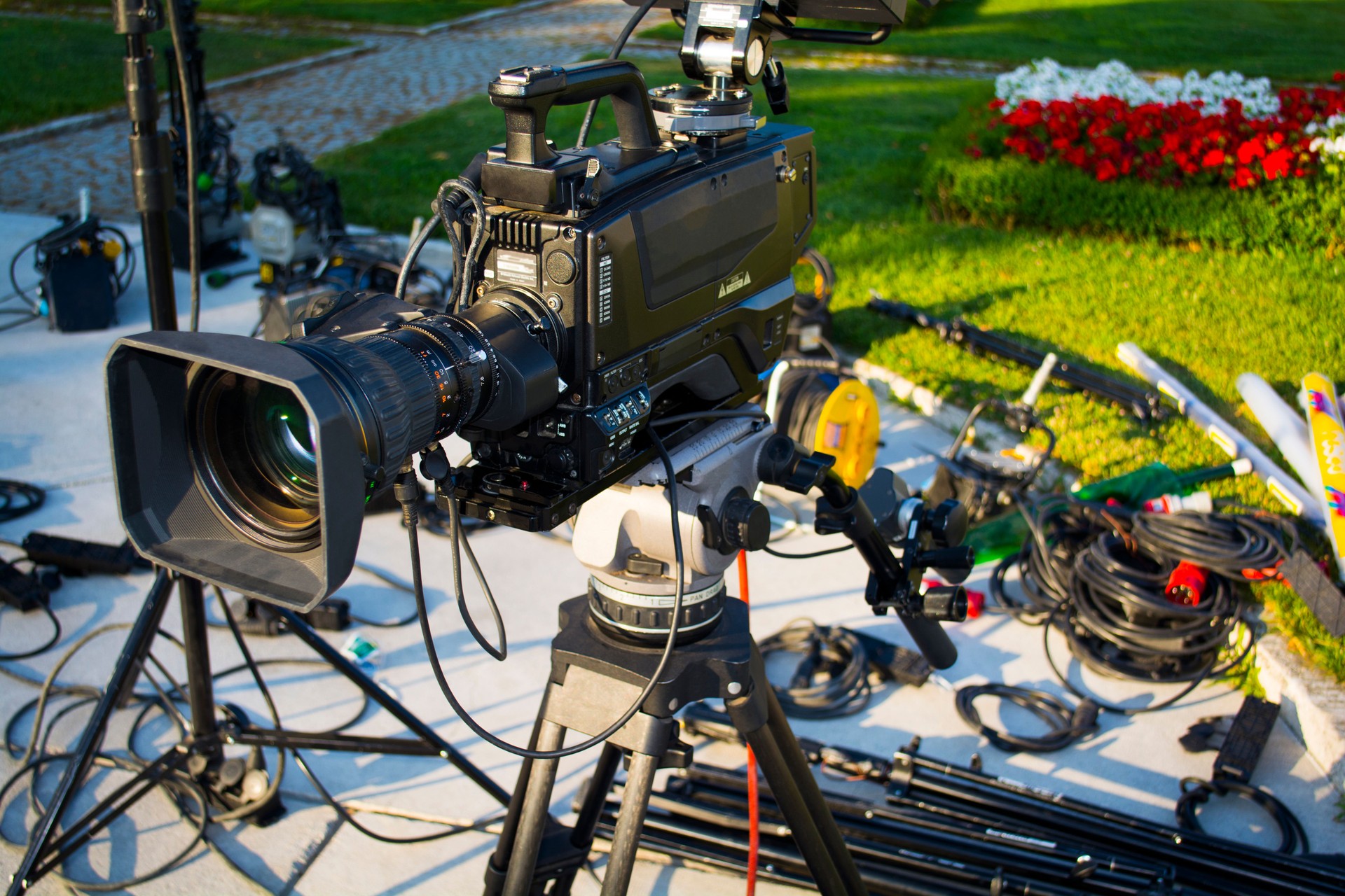 professional camera background camera and lighting equipment on the set close up