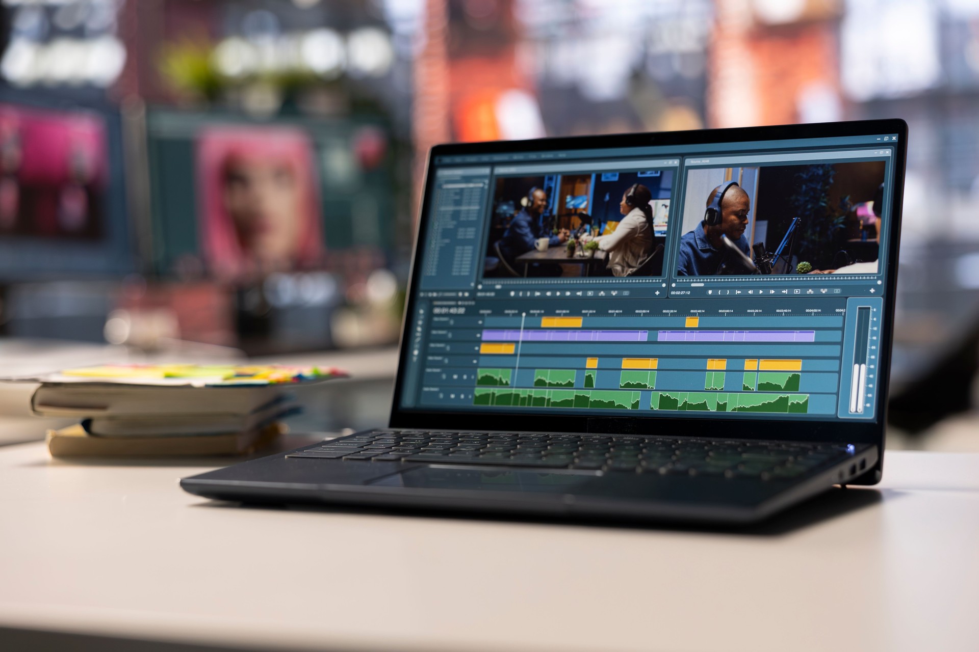 Empty creative office for videographers and editors featuring modern work setup